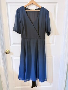 Navy V-Neck Midi Dress with Flutter Sleeves
